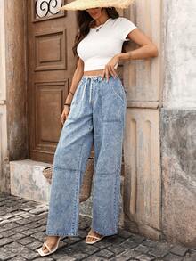 Breezaya Women's Drawstring Waist Pocket Casual Versatile Daily Wear Wide Leg Jeans - Blue - View 3