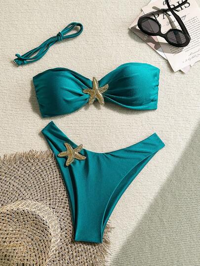 Swim Chiccia Women's Summer Beach Solid Color Metal Decor Halter Tie Sexy Bikini And Triangle Briefs Swimsuit Set