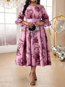 Fleurora Spring And Summer Autumn And Winter Elegant Party Evening Wedding Cocktail Party Wedding Purple Belted Bell Sleeve A Line Dress Plus Size Co-Ords Fall - Multicolor - View 7