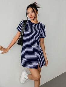 SHEIN PETITE Striped Print Color Block Trim T-Shirt Dress,Summer Dresses For Women - Navy Blue - View 3
