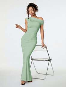 SHEIN PETITE Trang phục mùa hè, trang phục hẹn hò và du lịch hàng ngày, trang phục dự tiệc, trang phục mặc trong thanh lịch dành cho nữ, trang phục đi chơi, đầm đuôi cá dài lệch vai bất đối xứng, trang phục đi club cho nữ, trang phục hẹn hò, đầm dự tiệc. - Màu xanh Bạc hà - Xem 4