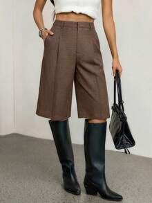 SHEIN Tall Spring Simple Commuting Gray Bermuda Women Shorts Suit - Brown - View 5