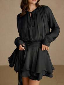 Vestido con cuello de corbata de satén brillante, diseño de cintura suelta, falda de manga larga, estilo retro elegante, adecuado para fiestas de lujo y ocasiones casuales - Negro - Ver 5