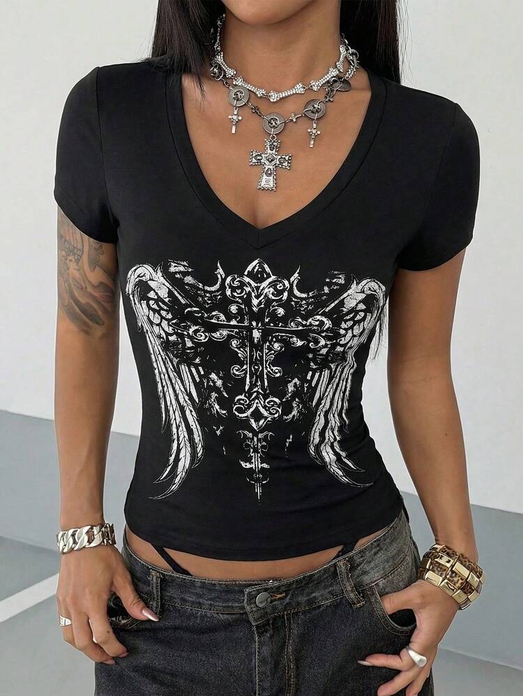 SHEIN HypeZone Women's Black Fitted Gothic Floral Print Rhinestone Embellished Streetwear Comfortable Undershirt, Punk V-Neck Vintage Y2K Edgy V-Neck Short Sleeve T-Shirt, Spring/Summer - Black - View 3