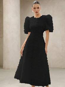 BELROSIE French Romantic Rose 3D Decor V-Neck Petal Sleeve Cinched Waist Dress For Women - Black - View 3