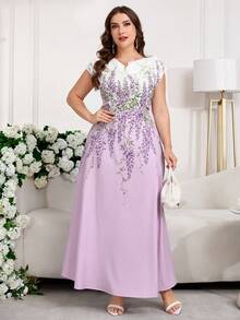 Reflora 大码女式深V领印花优雅收腰派对连衣裙 - 淡紫色 - 查看 4