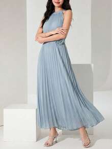 Heiryn Đầm cổ yếm thanh lịch dành cho nữ, màu trơn, thiết kế xếp ly, họa tiết hoa 3D. - Màu xanh ngọc - Xem 3