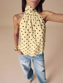 SHEIN BAE Áo croptop hở lưng cổ yếm chấm bi đen trắng gợi cảm, thích hợp cho các lễ hội âm nhạc, kỳ nghỉ. - Màu vàng - Xem 4