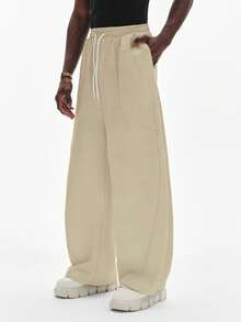 STYNVO Pantalones de chándal casuales de hombre de pierna ancha con cordón y unicolor - Caqui - Ver 4
