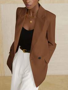 Aveloria Modichic Women's Business Style Solid Color Double-Breasted Blazer Jacket For Commuting, Autumn  - Coffee Brown - View 3