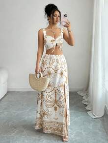 SHEIN Elenzya 女士优雅印花两件套，休闲度假沙滩装，舒适夏季套装 - 彩色 - 查看 1