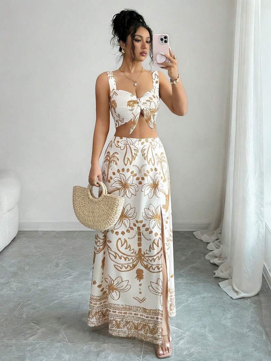 SHEIN Elenzya 女士优雅印花两件套，休闲度假沙滩装，舒适夏季套装 - 彩色 - 查看 1