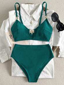 Swim Chiccia Women's Solid Color Metal Decor Tankini Swimsuit Set, Suitable For Summer Beach Wear Bikini Set For Women Bathing Suit 2 Piece Set - Dark Green - View 4