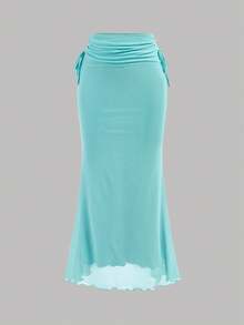 SHEIN 少女时尚休闲针织露背上衣和迷你裙套装 - 藍色 - 查看 6