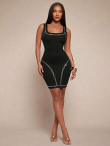 Radiana 女士性感休闲时尚独特银色铆钉装饰迷你连衣裙，黑色紧身吊带连衣裙，性感街头风连衣裙，Y2K时尚，适合休闲外出、夜间外出、聚会、派对、俱乐部、鸡尾酒会、假期等场合。 - 黑色 - 查看 4