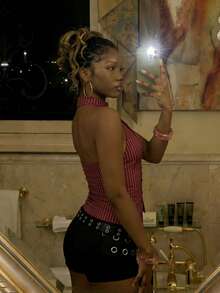 EgrlEra Áo sơ mi nữ cổ yếm ôm sát kẻ sọc - Đỏ - Xem 2