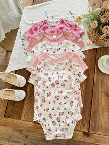 SHEIN LMoss Kids [Random 10pack,Send 5 Pack]Pink,Summer,Cute,Family Matching Baby Girl Romper Shorts,Floral Pattern Soft Stretch Knit Clothing,Comfortable For Vacation - Multicolor - View 2