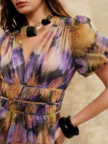 Arave Women's Lightweight Mesh Off-Shoulder V-Neck Ruched Waist Ruffle Hem Puff Sleeve Romantic Floral Design Elegant Date Dress - Purple - View 7