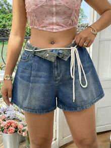 Sunnyshic Plus Size Women High Waist Loose Drawstring Denim Shorts - Blue - View 7