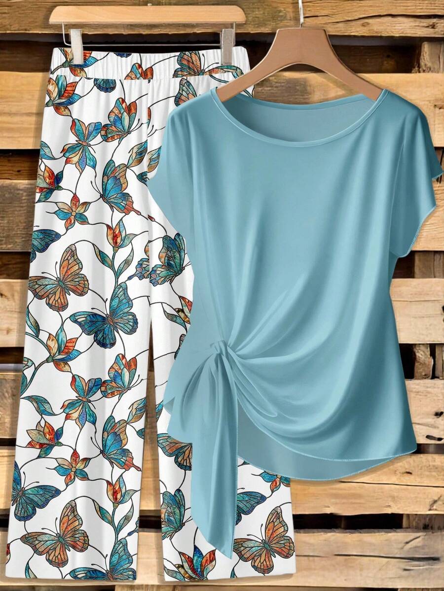 EMERY ROSE 两件套休闲简约绿色领结衬衫和宽松直筒蝴蝶印花裤套装，适合初秋穿着 - 水鴨藍 - 查看 1