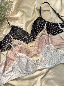 Plus 3pcs Ditsy Floral Print Contrast Lace Underwire Bra, Lingerie, Kawaii, Lift - Multicolor - View 3