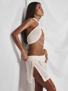 MUSERA Crochet Knit Halterneck Pearl Beaded Drape Crop Top Spring Summer Elegant Vacation Holiday Ibiza Club Occasion Sexy Seashell Shores - Beige - View 4