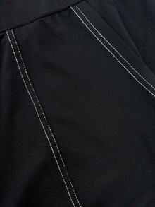Calvaya 大码休闲撞色口袋拼接高弹力紧身打底裤 - 黑色 - 查看 7