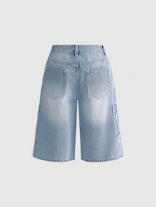 ROMWE Casual Frayed Hem Bow Denim Shorts, Light Blue - Blue - View 6