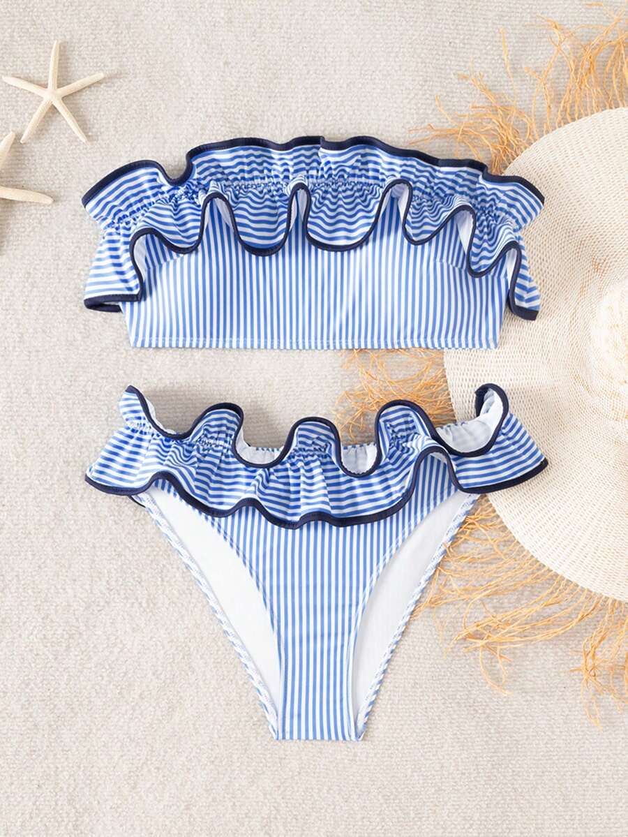 Swim Basics Conjunto de bikini de triángulo plisado sexy con espalda descubierta, fruncido y a rayas azules, para vacaciones de verano de mujer 2026 - Azul y blanco - Ver 1