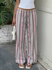SHEIN EZwear 女款條紋夏季波西米亞度假寬腿褲，高腰亞麻條紋抽繩休閒居家長褲沙灘Y2k - 彩色 - 查看 4
