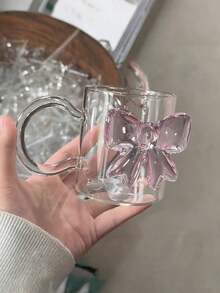 1个3D粉色蝴蝶结玻璃杯 - 少女风耐热咖啡早餐杯，带把手 - 办公饮具 - 彩色 - 查看 3