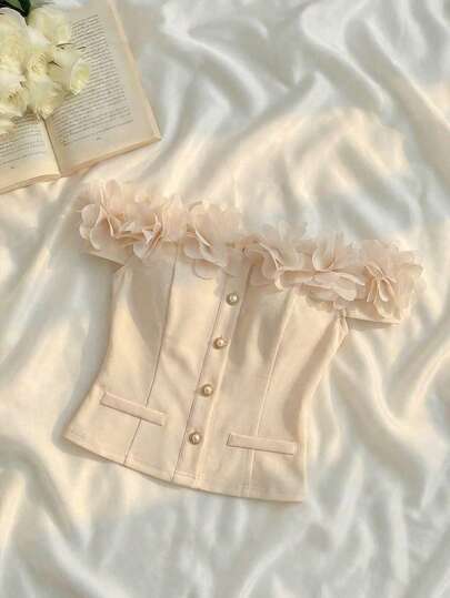 SHEIN MOD 女士优雅通勤3D花卉装饰露肩西装外套