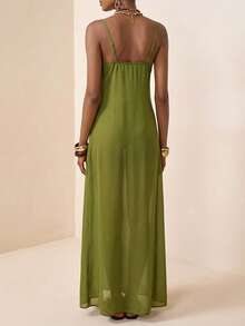 Zivah 2026 休闲海滩度假优雅薄纱雪纺连衣裙，绿色罩衫，前褶设计，高开衩 - 黑色 - 查看 2