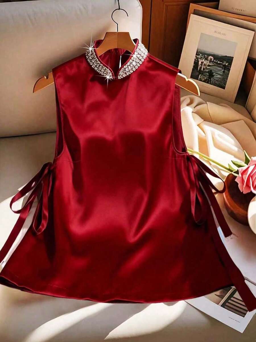 Franclia Women's Satin Tie-Front Sleeveless Blouse, Stand Collar Top - Red - View 1