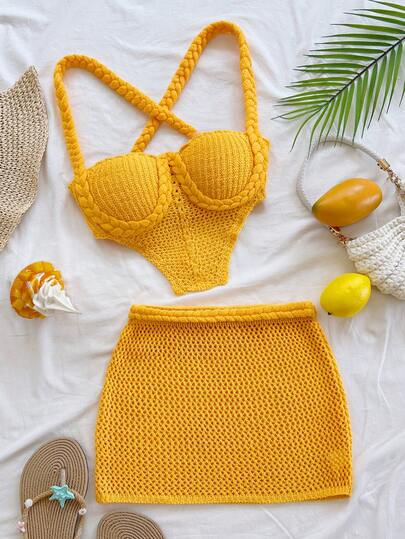 Soleia طقم ملابس علوية كامي أسيمتري الذيل وتنورة قصيرة مافوقة مصنوعة من الأقمشة المحبوكة، قطعتان