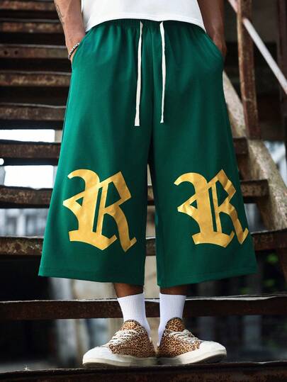 PAVTROS Casual American Street Style Men's Shorts, Elastic Waist Loose Wide Leg Pants, Green Trousers, Men's Straight Leg Shorts