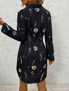 SHEIN Clasi 女士秋冬时尚百搭通勤印花衬衫裙 - 黑色 - 查看 3