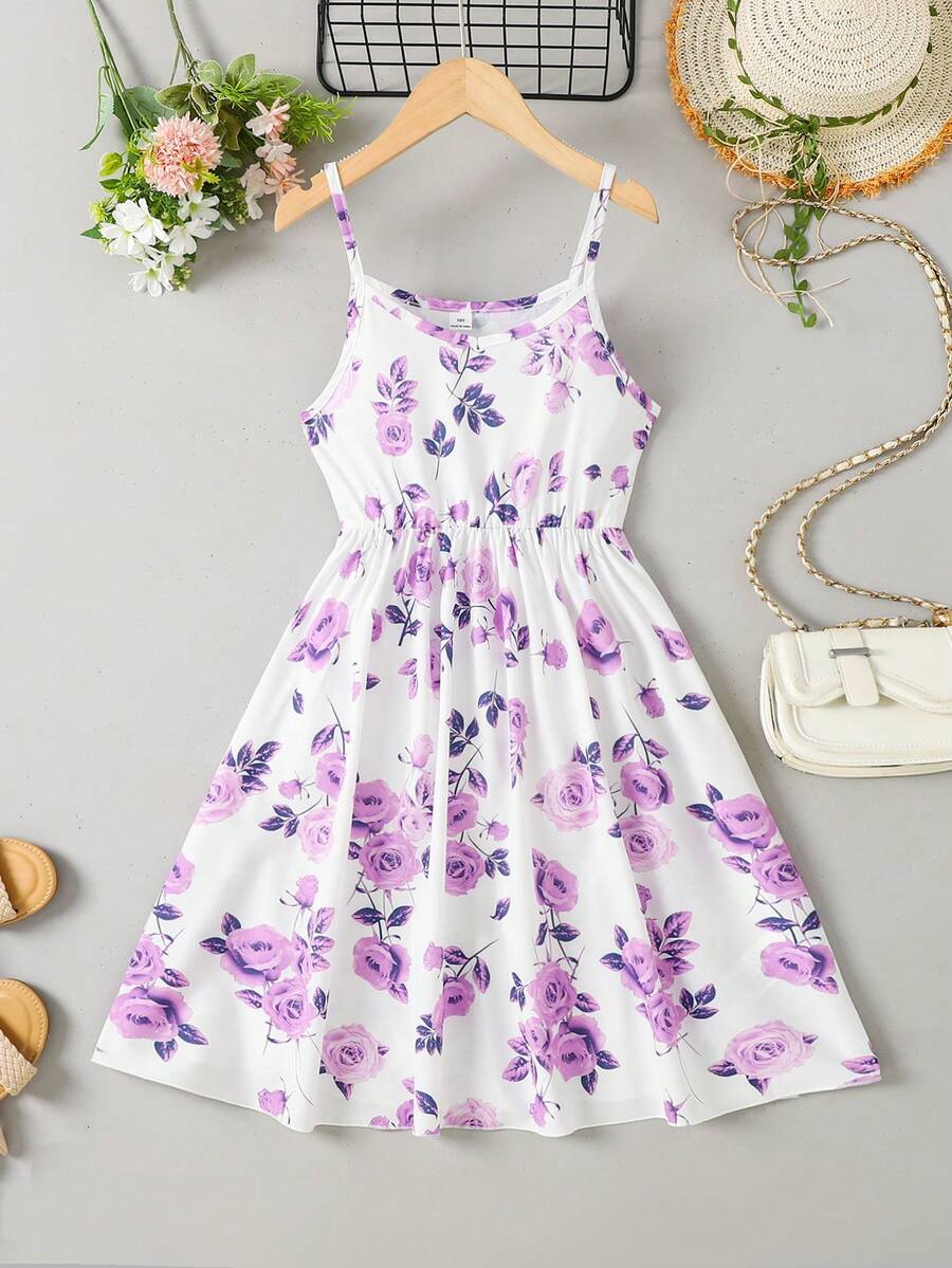 10-14 Years Old Girls' Floral Print Camisole Dress, Fresh And Sweet, Floral Pattern, Camisole Design, Comfortable - Multicolor - View 1