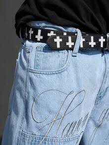 Manfinity EMRG Men's Casual Street Style Embroidered Blue Denim Shorts - Light Wash - View 6