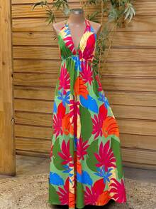 Lunelith SHEIN Lunessa 女士吊带露背V领系带腰部喇叭连衣裙 - 彩色 - 查看 4