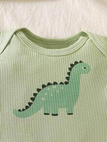SHEIN 5pcs/Set Newborn Baby Boy Summer Cute Dinosaur Print Knit Soft Romper + All-Over Print Pants + Hat + Bib + Gloves - Green - View 5