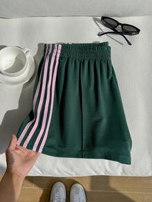 SHEIN Comfortcana Plus Size Casual Sports Style Retro American College Ribbed Shorts Shorts With Stripes Green Festival Athletic Shorts Casual Shorts For Women Green Shorts Women Shorts Teal - Green - View 9