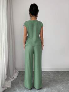 Elenzga Áo sơ mi nữ thanh lịch, màu xanh dương, xếp ly, eo điều chỉnh được, thắt nơ + Quần ống rộng, cạp cao, có túi, thanh lịch, phù hợp cho công sở - màu xanh lá - Xem 2