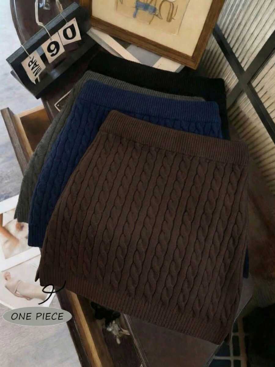 Franclia 早春新款休閒慵懶百搭白色扭花花紋側開衩貼身針織中長裙女款 - 巧克力棕 - 查看 1