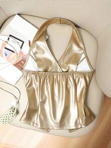 Franclia 新款酒红色纽扣露背吊带背心，女士款 - 金色 - 查看 2