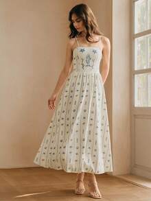 Anewsta 女士中长款沙滩度假风印花吊带串珠连衣裙 - 彩色 - 查看 4