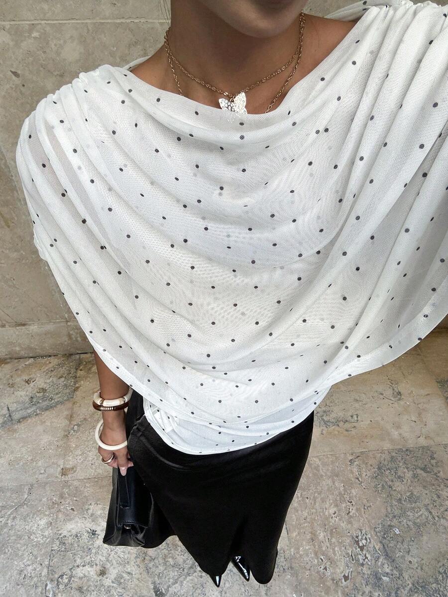 Ritzy Row Nueva blusa asimétrica con estampado de lunares - Blanco - Ver 1