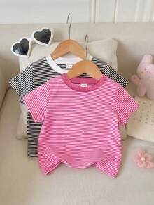 SHEIN Playful Pals 女婴休闲宽松舒适百搭撞色条纹短袖上衣 - 彩色 - 查看 6