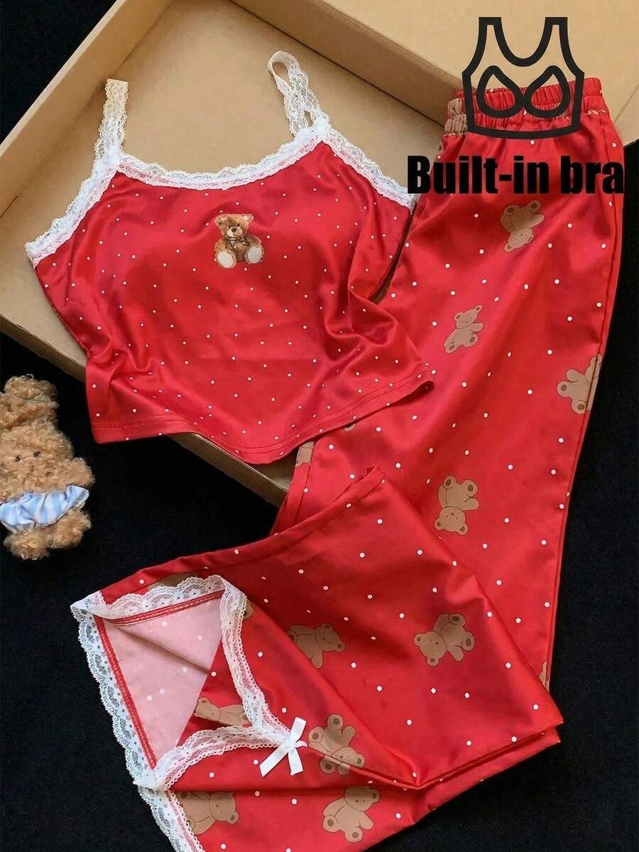 Comfortcana Bộ đồ ngủ nữ 2 món in hình gấu bông gồm áo hai dây và quần, bộ đồ ngủ in hình gấu bông có áo ngực tích hợp. - Đỏ - Xem 1