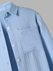 SHEIN 柔软时尚的提花织纹衬衫套装，包含吊带上衣和长裙，三件套设计，适合休闲、通勤、户外活动、派对、拍照等场合，春、夏、秋季皆宜，宽松舒适，适合青少年女孩和年轻女性穿着。 - 藍色 - 查看 3